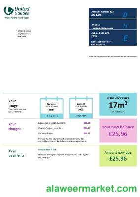 United Kingdom United Utilities business utility bill Word and PDF template